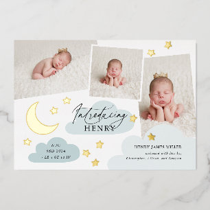 Moon & Stars Photo Collage Blue Birth Announcement