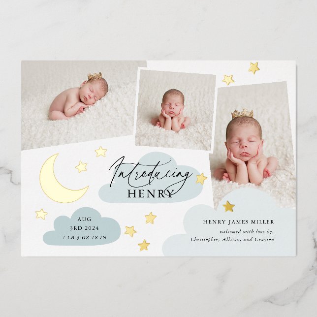 Moon & Stars Photo Collage Blue Birth Announcement (Front)