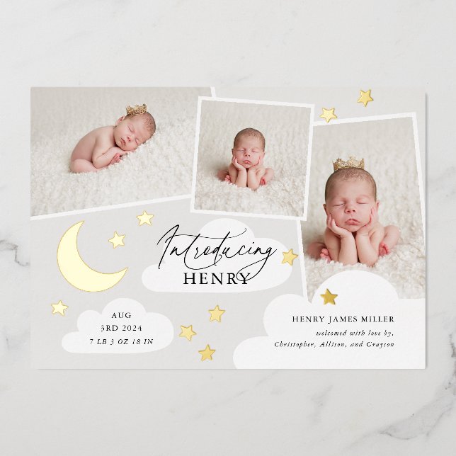 Moon Stars Photo Collage Grey Birth Announcement (Front)