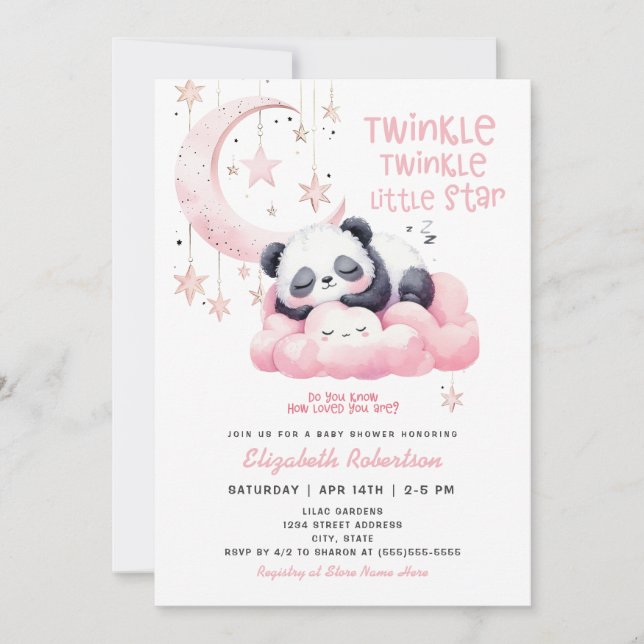 Moon Stars Pink Panda Bear Girl Baby Shower Invitation (Front)