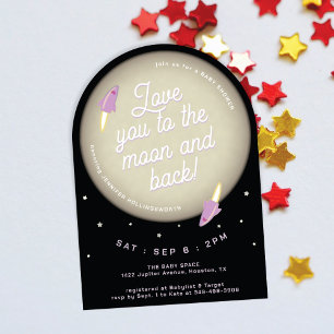 Moon, Stars, & Rockets Purple & Black Baby Shower Invitation