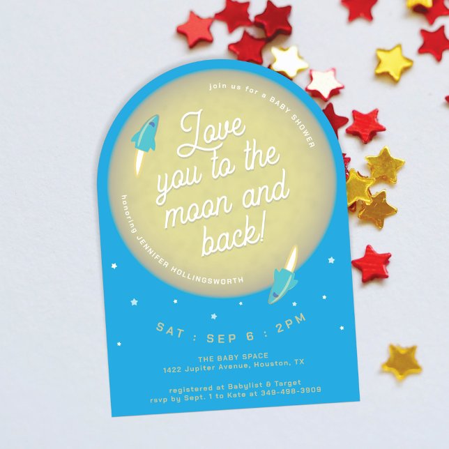 Moon, Stars, & Rockets Teal & Sky Blue Baby Shower Invitation (Creator Uploaded)