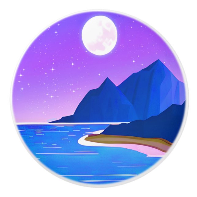 Moon, Stars Sea and Mountains in Violet and Blue Ceramic Knob (Front)