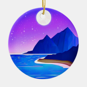 Moon, Stars Sea and Mountains in Violet and Blue   Ceramic Ornament