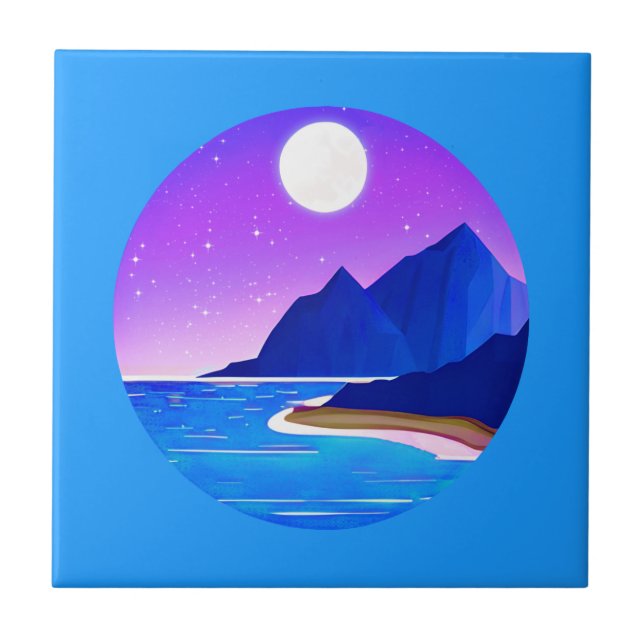 Moon, Stars Sea and Mountains in Violet and Blue  Ceramic Tile (Front)