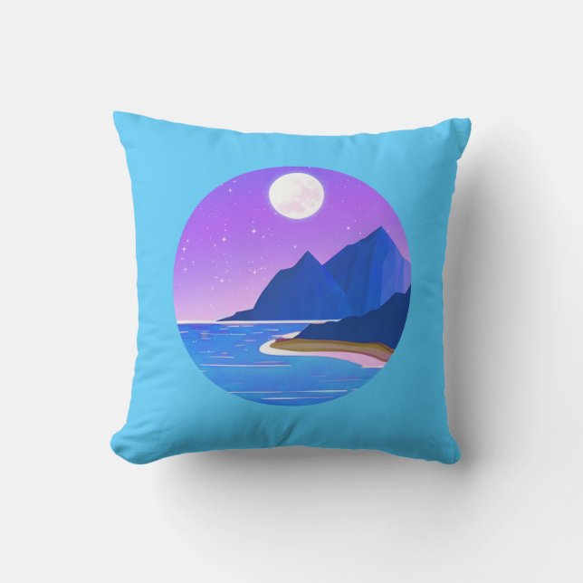 Moon, Stars Sea and Mountains in Violet and Blue   Cushion (Front)