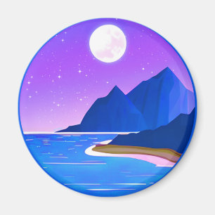 Moon, Stars Sea and Mountains in Violet and Blue Magnet