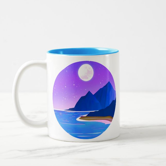 Moon, Stars Sea and Mountains in Violet and Blue  Two-Tone Coffee Mug (Left)