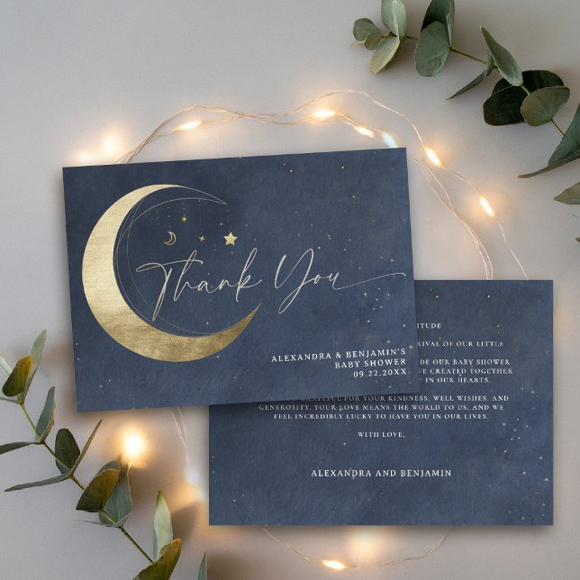 Moon Stars Starry Night Twinkle Navy Baby Shower Thank You Card (over the moon baby shower thank you navy blue gold stars mobile celestial twinkle starry night)