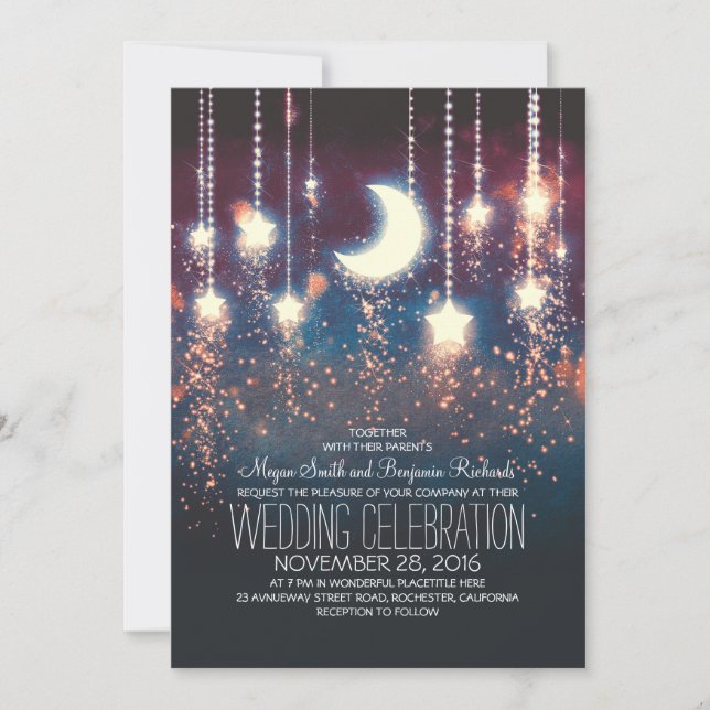 Moon Stars & String Lights Summer Wedding Invitation (Front)