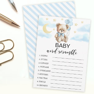 Moon & stars teddy bear baby shower word scramble advice card