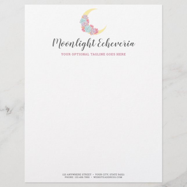 Moon & Succulents Pastel Mystic Boho Floral Cactus Custom Letterhead (Front)