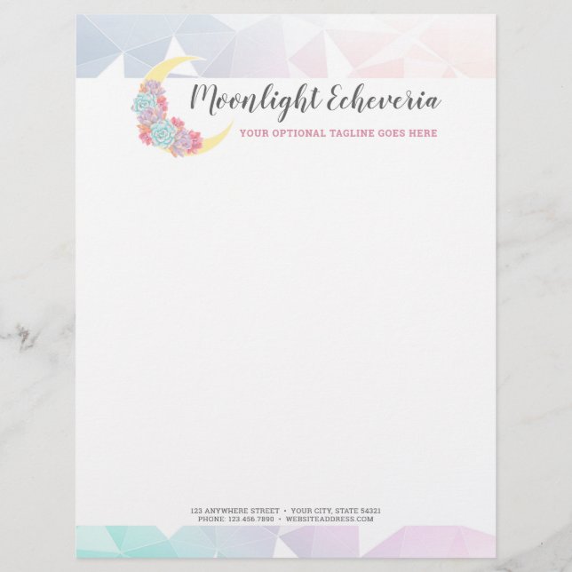 Moon & Succulents Pastel Mystic Boho Floral Cactus Custom Letterhead (Front)