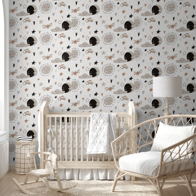 Moon, Sun, Clouds, Hearts and Stars Nursery Wallpaper (Kids)