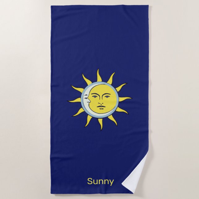 Moon & Sun Conjunction on Navy Blue Beach Towel (Front)