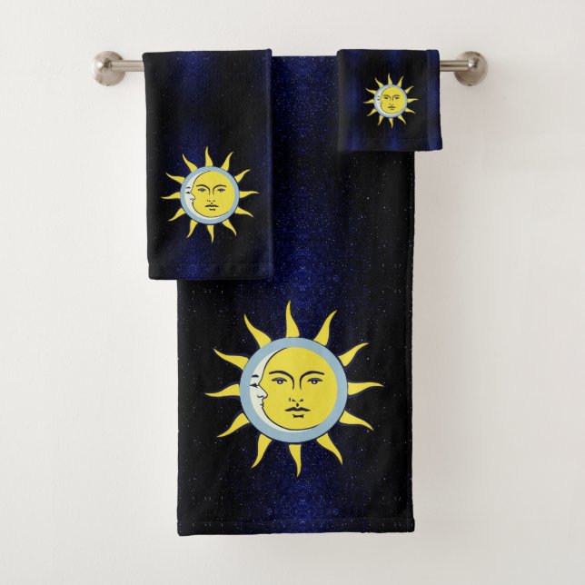 Moon & Sun Conjunction on Navy Blue Galaxy  Bath Towel Set (Insitu)