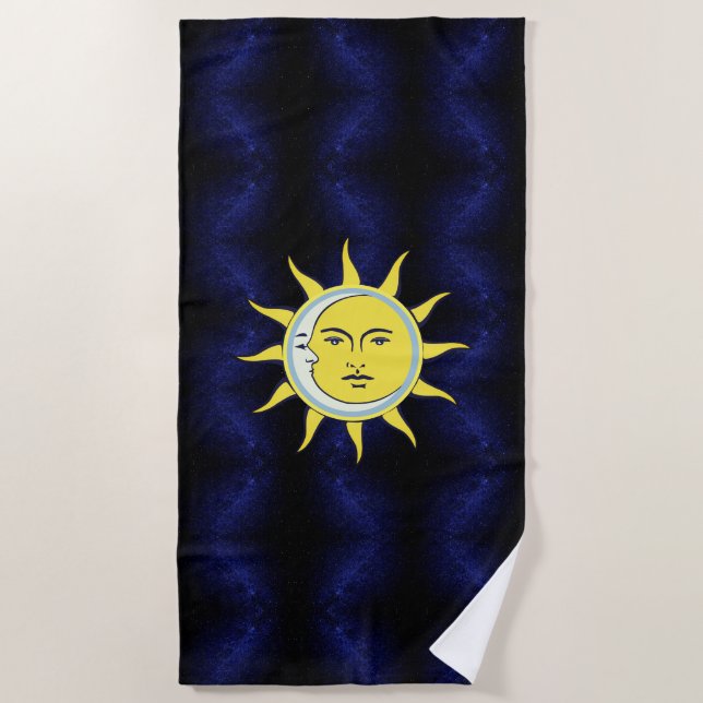Moon & Sun Conjunction on Navy Blue Galaxy Beach Towel (Front)