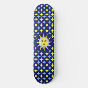 Moon & Sun on Blue & Yellow Star Pattern Skateboard