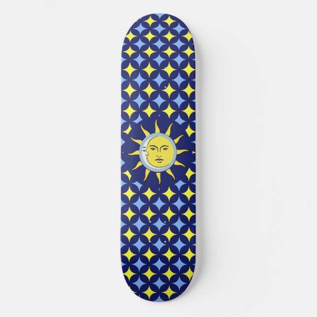 Moon & Sun on Blue & Yellow Star Pattern Skateboard (Front)