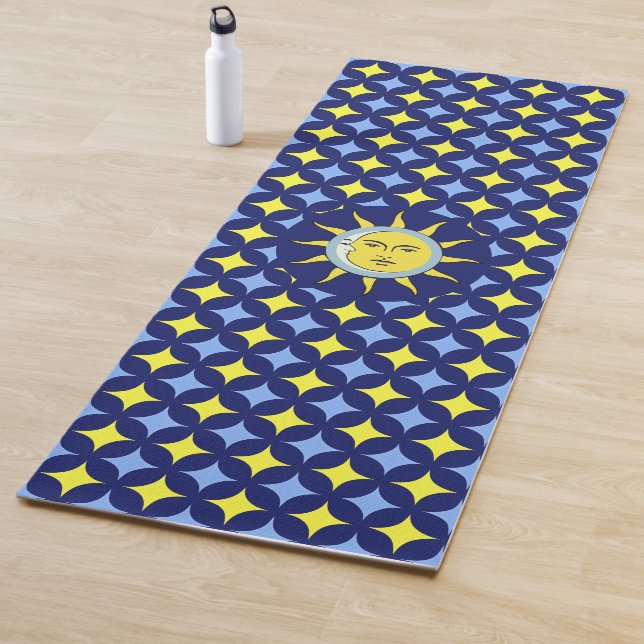 Moon & Sun on Blue & Yellow Star Pattern Yoga Mat (In Situ)