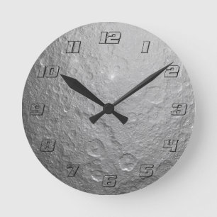 Moon Surface in Outer Space with Clear Numbers Round Clock