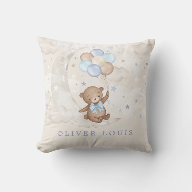 Moon Teddy Bear Blue Balloons Baby Boy Nursery Cushion (Front)