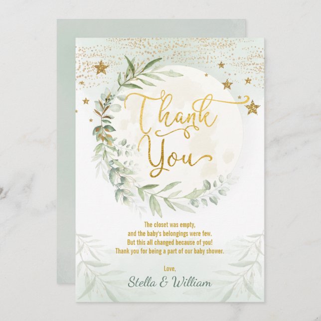 Moon Twinkle Stars Greenery Gold Baby Shower Thank You Card (Front/Back)