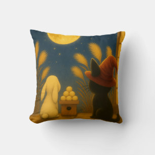 Moon Viewing Night – Black Cat and Rabbit under th Cushion
