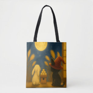 Moon Viewing Night – Black Cat and Rabbit under th Tote Bag