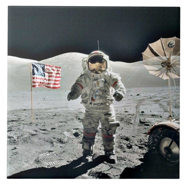 Moon Walk with American Flag Ceramic Tile (Front)