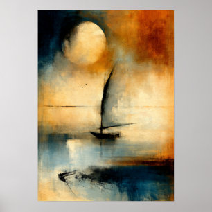 Moon Wasen Japanese Sumi-E Abstract Boat Wall Art