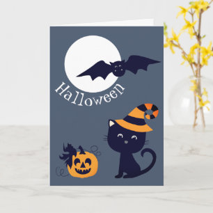 Moon With Bat Pumpkin And Cat Wearing A Witch Hat Card