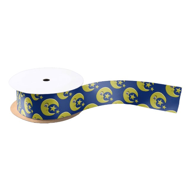 Moon With Stars Design Blue Satin Ribbon (Spool)
