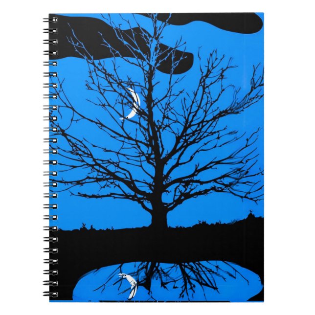 Moon with Tree, Cobalt Blue, Black and White Notebook (Front)