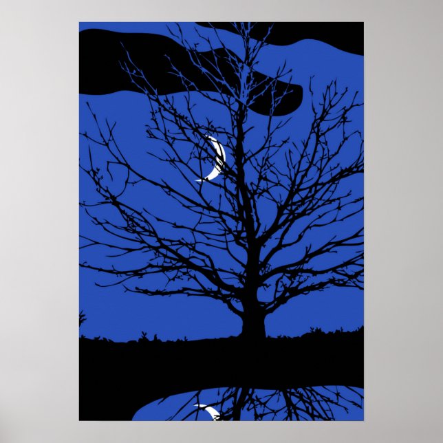 Moon with Tree, Cobalt Blue, Black and White Poster (Front)