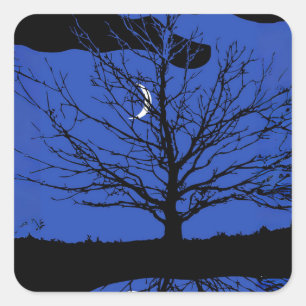 Moon with Tree, Cobalt Blue, Black and White Square Sticker