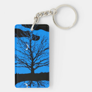 Moon with Tree, Deep Blue, Black and White Key Ring