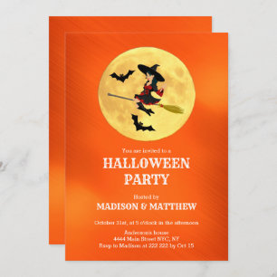 Moon With Witch And Bats Invitation