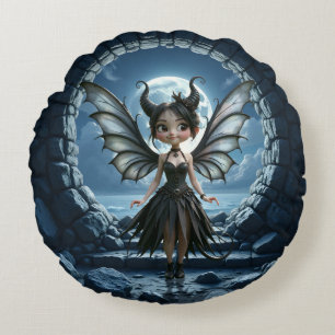 Moonborn Little Shadow, the Cute Gothic Fairy Round Cushion