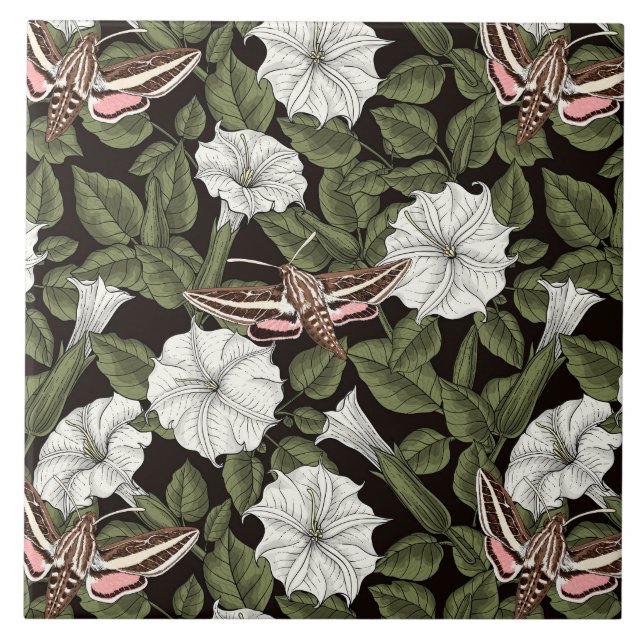 Moonflowers and sphinx moths ceramic tile (Front)