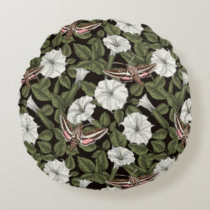 Moonflowers and sphinx moths round cushion