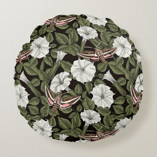Moonflowers and sphinx moths round cushion (Front)
