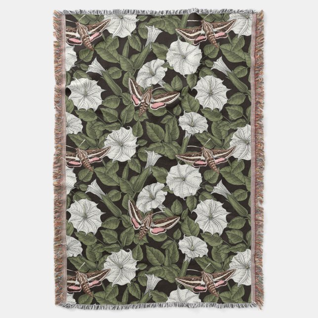 Moonflowers and sphinx moths throw blanket (Front Vertical)