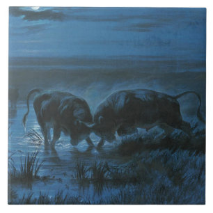 Moonlight Battle (Water Buffalo Fighting) Ceramic Tile