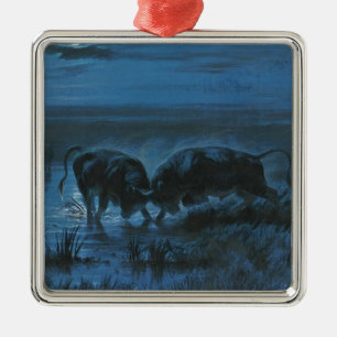 Moonlight Battle (Water Buffalo Fighting) Metal Ornament