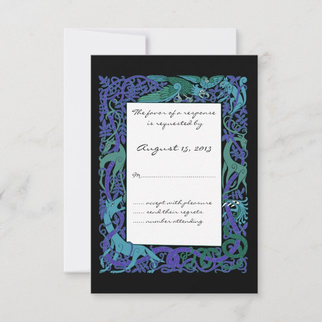 Moonlight Blue Celtic Animals Design Wedding RSVP Card (Front)