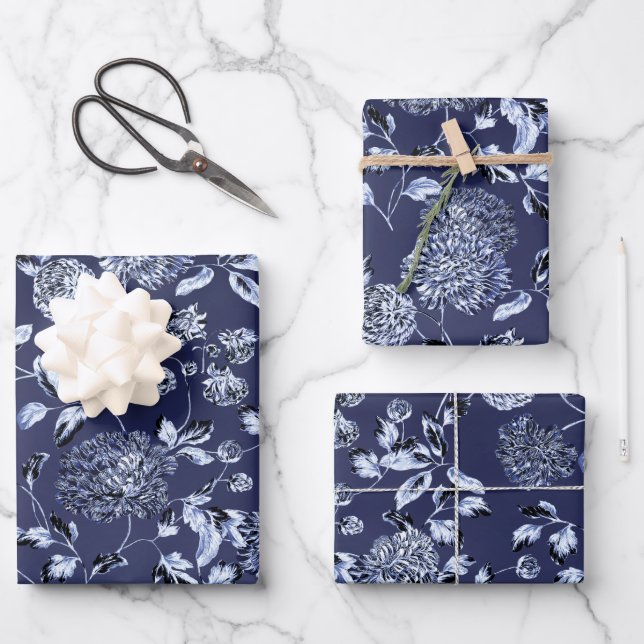 Moonlight Blue Dahlias Floral Vine On Navy Blue Wrapping Paper Sheet (Front)