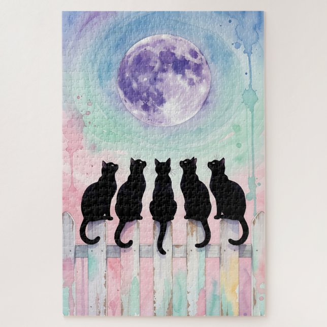 Moonlight Cats Puzzle – Five Black Cats Watercolor (Vertical)