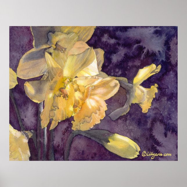 Moonlight Daffodils Watercolor Poster Print (Front)