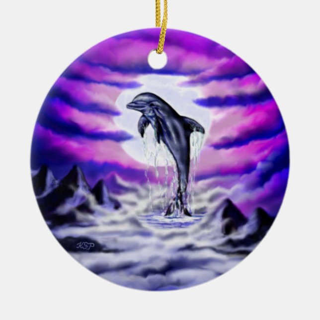 Moonlight Dolphin Ceramic Ornament (Front)